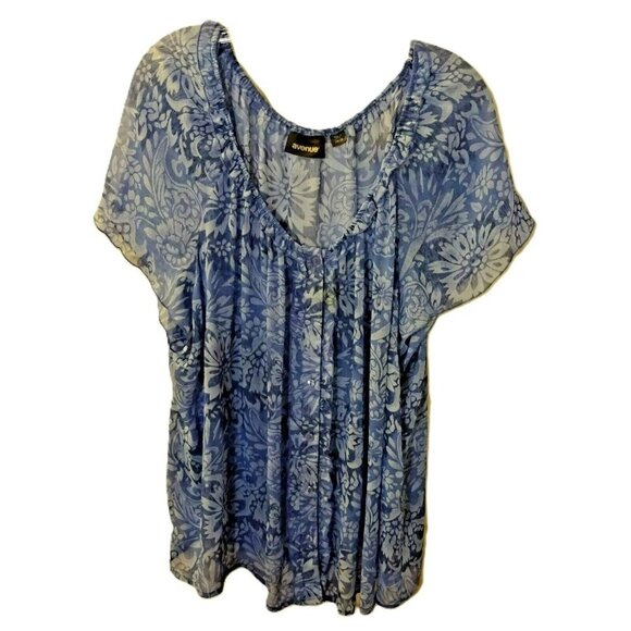 Avenue 26/28 Blue Sheer Polyester Button Front Elastic Neck Blouse - Picture 2 of 8